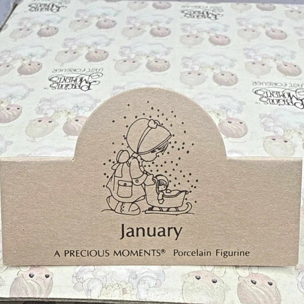 Precious Moments January Calendar Girl Winter Doll‎ In Sleigh Sled 1987 NEW